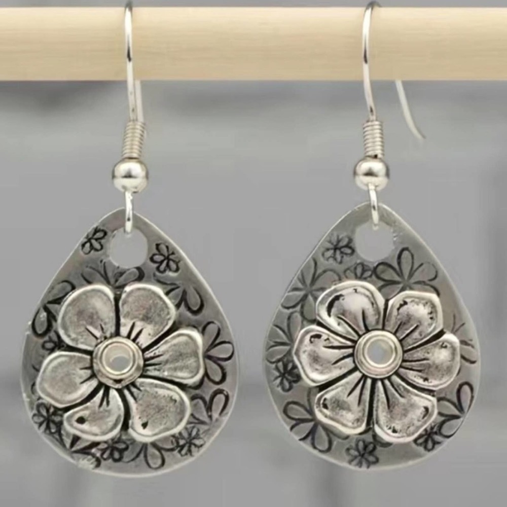 Large Boho Antique Silver-Tone 3D Flower Water Drop Earrings BRAND NEW - Picture 6 of 6